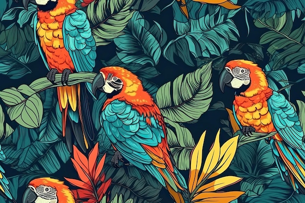 Fundo tropical com padrão perfeito com papagaios na selva Ilustração de IA generativa