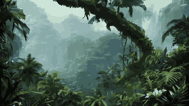 Fundo tropical da selva Ilustração de fundo da paisagem da selva com decorações feitas de folhas e folhagens