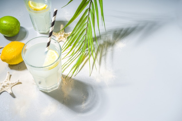 Fundo tropical de férias de férias de verão com bebidas de limonada. Coquetel de mojito com fortes sombras claras e escuras, em um fundo tropical com estrela do mar, folhas de palmeira copiar espaço para texto