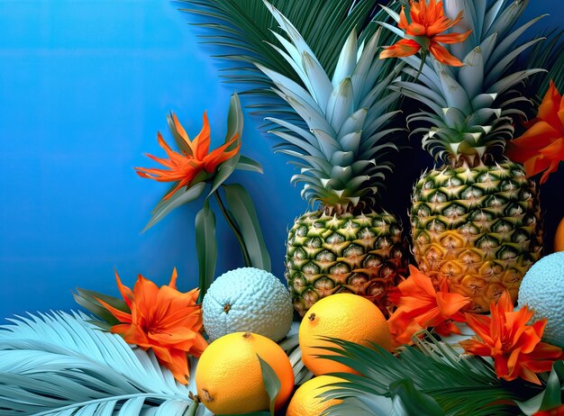 Foto fundo tropical de verão com um espaço para um texto várias frutas folhas verdes e flores dispostas de uma forma que as sombras leves são caídas criado com tecnologia de ia generativa