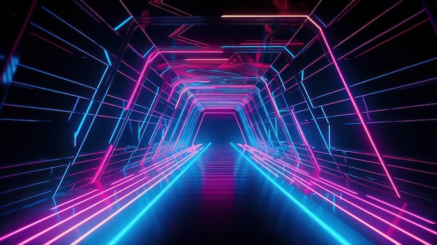 fundo tunel de luzes neon com raios laser rosa e azul linhas brilhantes renderização 3d Generative AI