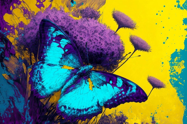 Foto fundo turquesa roxo amarelo com flores e borboleta