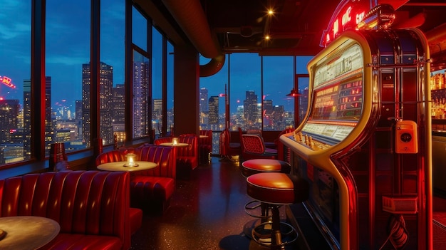 Foto fundo um bar de telhado de moda onde as luzes da cidade iluminam o céu noturno e a jukebox toca