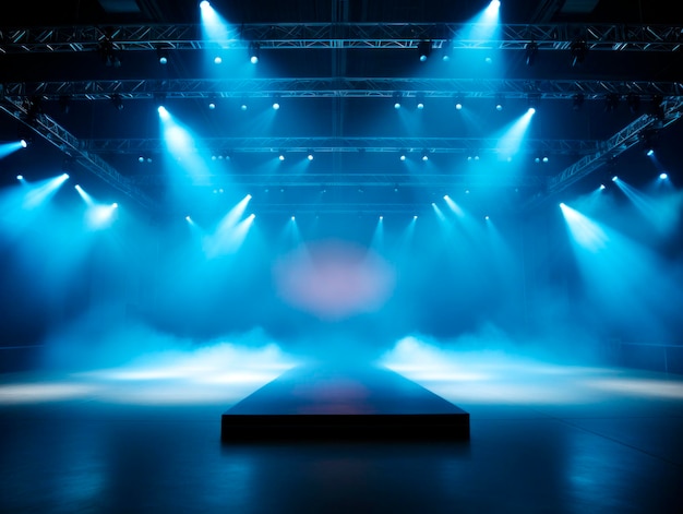 Fundo vazio de palco de moda moderna com pódio de nevoeiro azul e spotlights de teto mockup AI gerativa