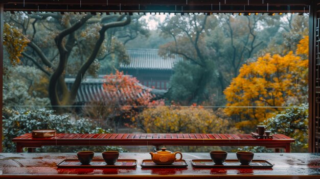 Fundo vazio produto de tiro casa de azulejos banco de madeira vermelho conjunto de chá concepção artística pura e etérea estilo chinês antigo tiro médio e de perto