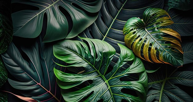 Fundo verde abstrato de banana tropical e folhas de Monstera criado com tecnologia de IA generativa