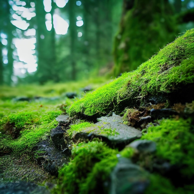 Fundo verde-claro da natureza da floresta musgosa