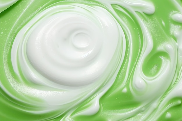 Fundo verde com bolhas de espuma de limpeza branca Closeup de gel de banho de sabão e textura de espuma de xampu