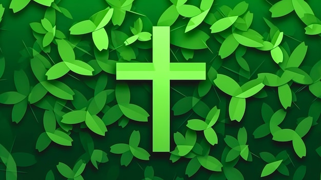 Fundo verde com cruz e folhas ai generativo