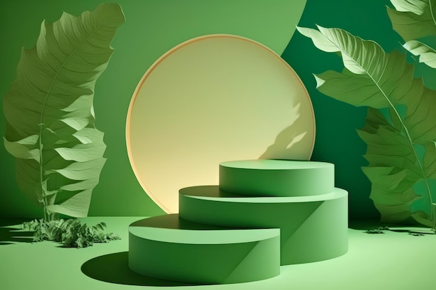 Fundo verde com escadaria circular e folhas de palmeira Generative AI