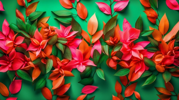 Fundo verde com flores vermelhas e laranja Generative AI