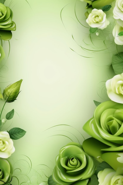 Fundo verde com rosas e folhas brancas copiar espaço