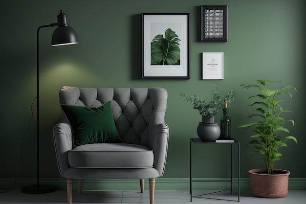 Fundo verde da parede da sala de estar com ilustração decorativa cinza AI Generative