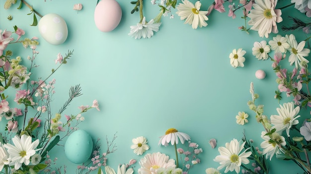 Fundo verde de Páscoa com flores de primavera e ovos de Páscua vista superior Quadro