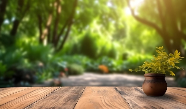 Fundo verde do quintal da mesa de madeira do produto da natureza