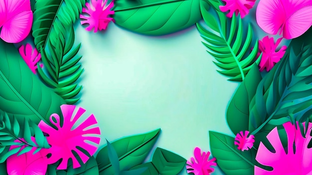 Fundo verde e rosa com folhas e flores Generative AI