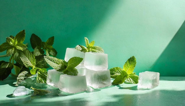 Fundo verde hortelã de verão com cubos de gelo congelados e folhas de plantas domésticas