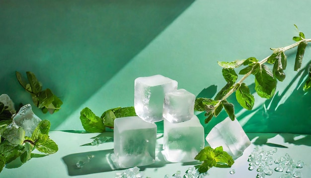 Fundo verde hortelã de verão com cubos de gelo congelados e folhas de plantas domésticas