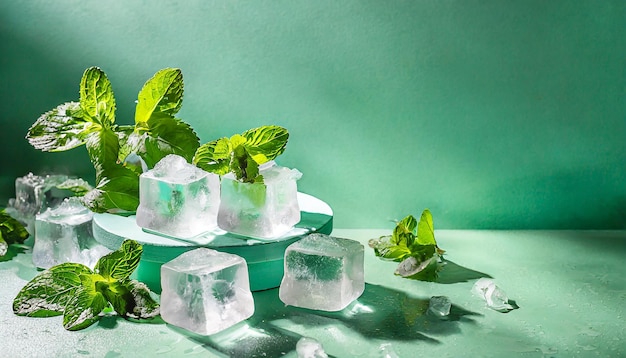 Fundo verde hortelã de verão com cubos de gelo congelados e folhas de plantas domésticas