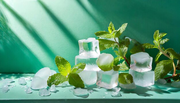 Fundo verde hortelã de verão com cubos de gelo congelados e folhas de plantas domésticas