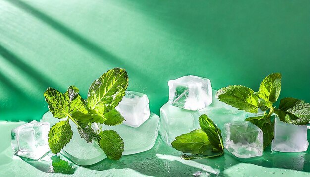 Fundo verde hortelã de verão com cubos de gelo congelados e folhas de plantas domésticas