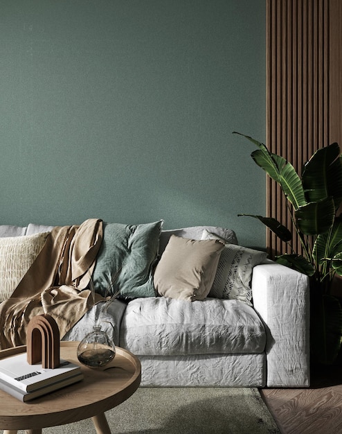 Fundo verde moderno do interior da casa, simulação de parede com sofá branco, renderização 3D