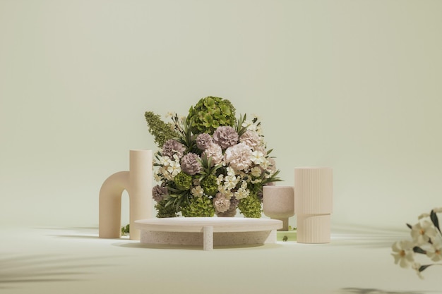 fundo verde pastel de exibição de pódio 3D com flor de hortênsias peônias e vasos decorativos