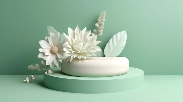 Fundo verde pastel do pódio da exposição 3D Flor branca com folha Generative Ai
