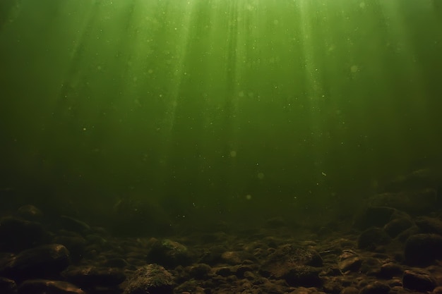 fundo verde subaquático de água doce com raios de sol sob a água