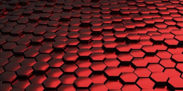 Fundo vermelho abstrato com hexágonos de metal renderização em 3D
