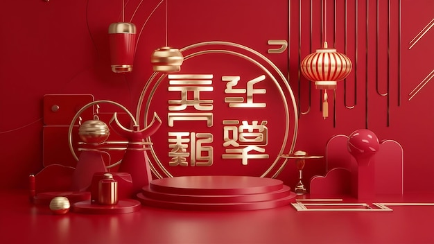 fundo vermelho abstrato de estilo chinês para apresentação de produto ilustração de renderização 3D