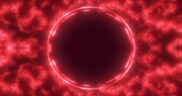 Fundo vermelho abstrato de um anel mágico azul de energia de uma moldura redonda de partículas brilhantes