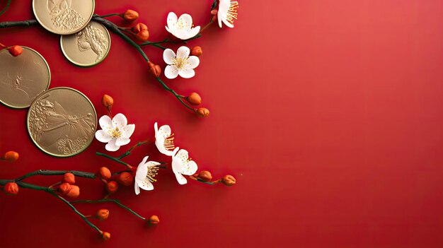 Fundo vermelho com flores e elementos chineses