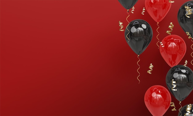 Fundo vermelho com renderização 3D de celebração realista de balões vermelhos e pretos