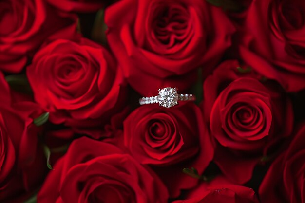 Fundo vermelho com rosas vermelhas e anel de noivado