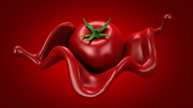 Fundo vermelho com tomate e respingo. ilustração 3d, renderização em 3d.