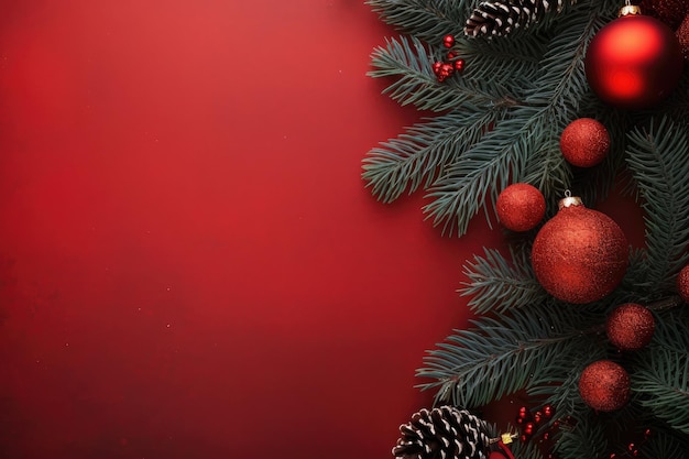 Fundo vermelho de natal com bola vermelha de natal e folhas de abeto Copiar espaço