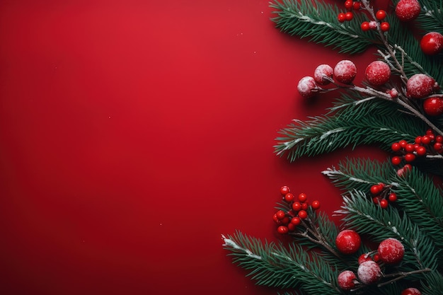 Fundo vermelho de Natal decorado com ramos de abeto AI