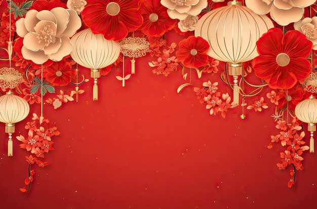 fundo vermelho do ano novo chinês com espaço de cópia e flores e lanternas avermelhadas