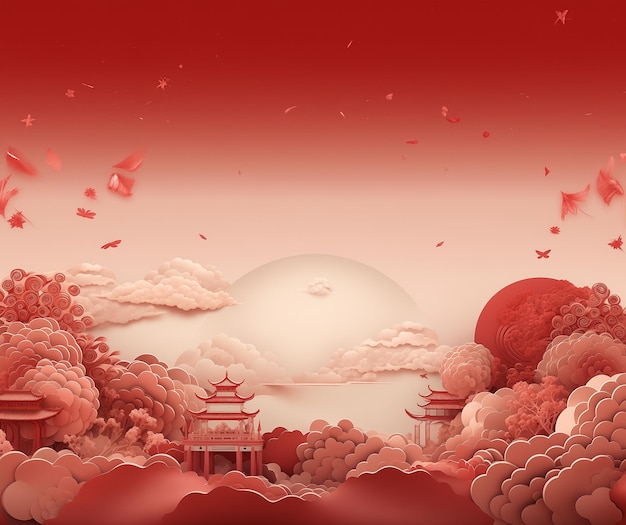 fundo vermelho edifício chinês em bela vista céu vermelho e nuvem branca GenerativeAI estilo chinês estilo papercut estilo ásia no céu