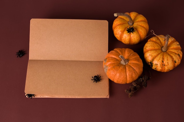 Fundo vermelho escuro de Halloween com aranhas de abóbora laranja e bloco de notas de papel velho para texto com espaço de cópia