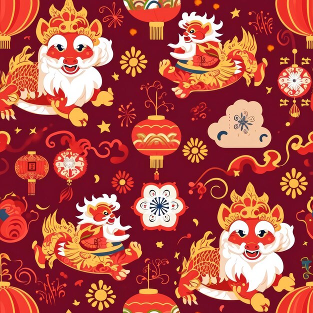 Fundo vermelho vibrante com decorações chinesas variadas