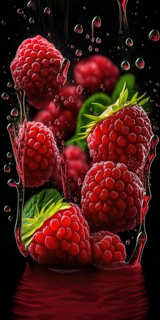 Foto fundo vertical conceitual de frutas frescas de framboesa com gotículas de água