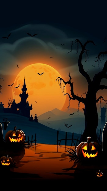 Fundo vertical de halloween com abóboras e um castelo em uma floresta