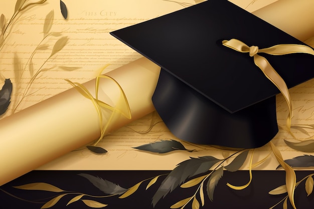 Fundo vetorial com tampa de graduação e certificado de papiro desenho preto dourado