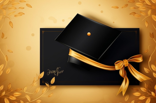Foto fundo vetorial com tampa de graduação e certificado de papiro desenho preto dourado