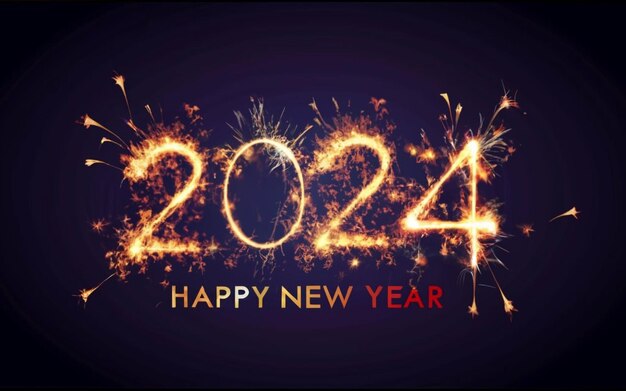 Fundo vetorial de fogos de artifício dourado com tipografia de Ano Novo Fundo de 2024 com espaço para texto