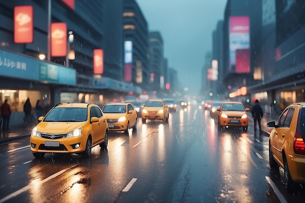 Fundo vetorial Luzes desfocadas desfocadas de trânsito pesado em uma chuva úmida