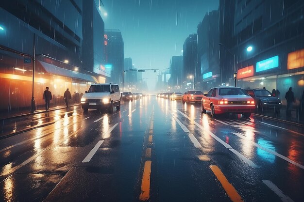 Fundo vetorial Luzes desfocadas desfocadas de trânsito pesado em uma chuva úmida