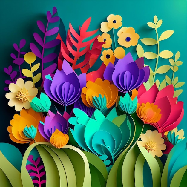 Fundo vibrante de flores de primavera em estilo de corte de papel Generative AI